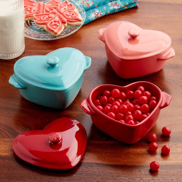 Pioneer Woman Mini Heart Baking Dish W Lid Casserole Cocotte Set